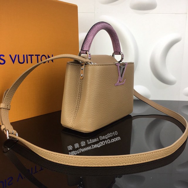 lv路易威登專櫃2022新款CAPUCINES迷你手袋 lv粒紋Taurillon小公牛皮手提包 N94047流金色 ydh4993